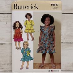 **Brand New** Butterick Child’s Sewing Patterns Butterick B6887 Sizes: A (2, 3, 4, 5, 6) *New, Uncut, Factory Folded* 5 Patterns For $25 Ii Waistline Dress, Toddler Dress Patterns, Sleeve Variations, Tiered Skirts, Butterick Pattern, Butterick Sewing Pattern, Childrens Dress, Burda Style, Dress Sewing Pattern