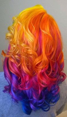 Nighttime sunset hair! Purple Sunset Hair, Sunset Hair Color Ombre Purple, Sunset Colored Hair, Pastel Sunset Hair, Wild Hair Color Ideas, Crazy Hair Dye Ideas, Flame Hair Color, Sunset Hair Color Ombre, Crazy Color Hair Ideas