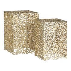 two golden side tables made out of wood with leaves on the top and bottom, one is