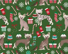 a green christmas pattern with dogs and hats on it's sides, all dressed up for the holiday season