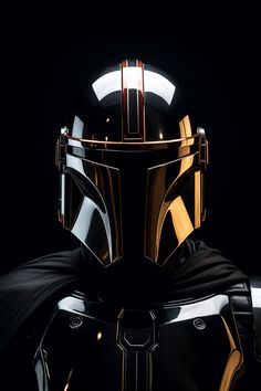 a star wars boba fett helmet is shown against a black background with gold accents