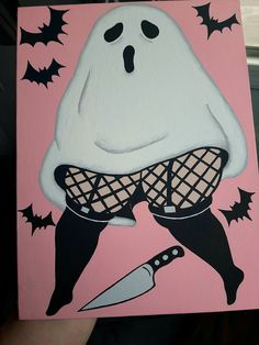 a painting of a person holding a knife and wearing a ghost outfit with bats on it