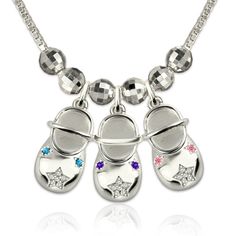 Whether newborn or all grown up, her children will always be her babies.Our adorable Baby Shoe Necklace commemorates this feeling with each child's name delicately engraved on the bottom of baby shoe and front engraved birthstone.Shoe symbolized bond between child and parent, It is one of kind gift for for mother or grandmother, each shoe represents a child. Gift Charm Necklaces With Rhinestones, Silver Rhinestone Jewelry For Birthday, Baby Bootie, Girl Bracelet, Silver Necklaces Women, Charms Necklace, All Grown Up