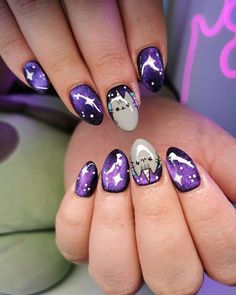 Karla 🦇 🌙 on Instagram: “Pusheen galáctico ✨🐈🌌 . . . . . . . . . . . . . . . . . . . . . . . . . . . . . . . . . . . . . . . . . . #nailart #notd #nailsoftheday…” Pusheen Nail Art, Cute Cat Nail Art, Pusheen Nails, Lil Drawings, Shorter Nails, Witch Nails, Frog Pictures, Stylish Nails Designs