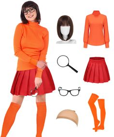 PRICES MAY VARY. Complete Costume Set: The Velma outfit includes the orange top, red skirt, glasses, wig, socks, and a magnifying glass, providing everything you need for a true-to-character transformation. Versatile Sizing Options: Designed for adult women, this women Velma costume skirt comes in various sizes, offering a tailored and confident look for every wearer. High-Quality Materials: Made with care, this Velma costume adult outfit is crafted from premium fabric, ensuring comfort, durabil Velma Outfit, Costumes With Glasses, Halloween Costumes Glasses, Velma Costume, Adult Women Halloween Costumes, Daphne Costume, Classic Movie Characters, Halloween Costume Contest, Halloween Costume Outfits