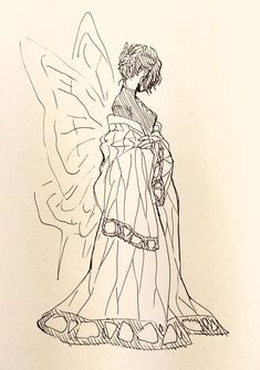 a black and white drawing of a woman in a dress with wings on her back