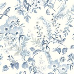 a blue and white floral wallpaper with birds on the branch, flowers and leaves