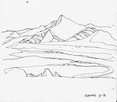 an ink drawing of mountains in the distance