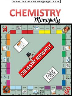 a game board with the words chemistry monopoly on it and an image of a man holding a