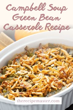 a casserole dish filled with green bean casserole