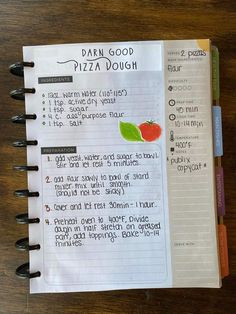 a recipe book with writing on it and an apple in the top right hand corner