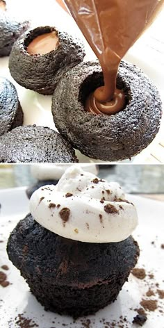 there are two pictures of chocolate donuts with icing on them and one has an ice cream cone in the middle