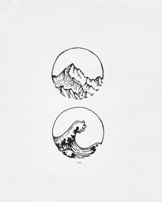 two drawings of mountains and waves in black ink