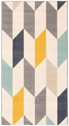 an area rug with various colors and patterns on it, including blue, yellow, gray, and white