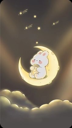 a cartoon bunny sitting on the moon with stars in the sky