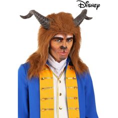 a man in a blue and yellow costume with horns