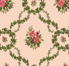 pink roses and green leaves are on a beige wallpaper pattern that looks like it has been cut in half