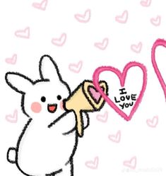 a drawing of a bunny holding a horn with the word i love you written on it