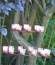 tea lights are hanging from a tree in the woods with pink candles on them and some green leaves