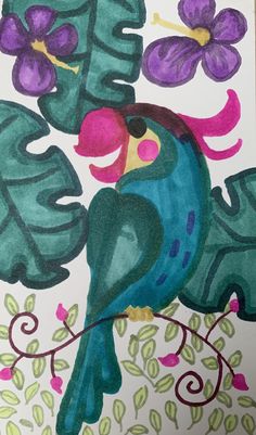 a drawing of a bird sitting on a tree branch with purple flowers and green leaves