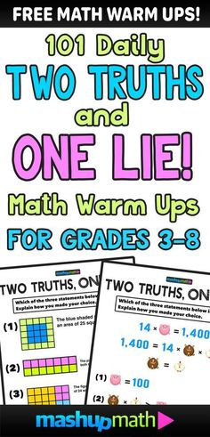 two math worksheets with the words, one truth and one lie on them