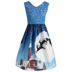 Women Vintage Sleeveless V Neck Christmas Print High Waist Party Dress - Denim Blue - 4226588812 - Original Design-Women's Clothing  #OriginalDesignWomensClothing #Original #DesignWomen's #Clothing Christmas Countryside, Vintage Dress Blue, Snowflake Dress, Plus Size Vintage Dresses, Plus Size Christmas, Dress Denim, Plus Size Vintage, Rockabilly Dress, Christmas Print