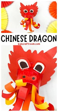 the chinese dragon is made out of toilet paper and folded up in red, yellow and orange