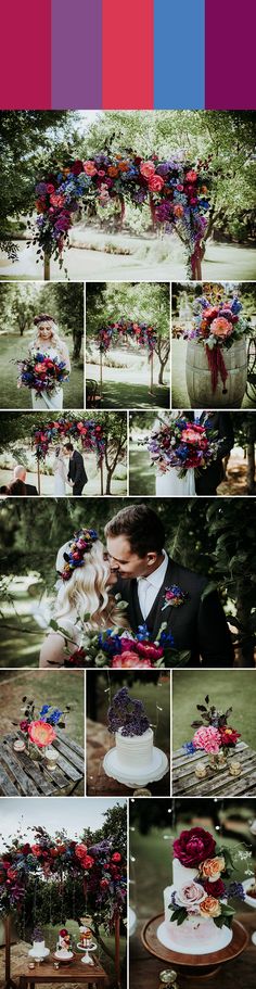 a collage of photos showing different types of wedding cake and flowers on the table