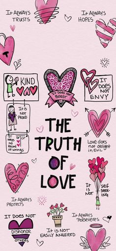 the truth of love poster with hearts and other things to say about it in different languages