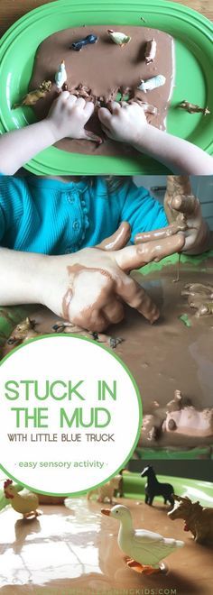 a young boy laying on top of a green table next to a mirror with the words stuck in the mud