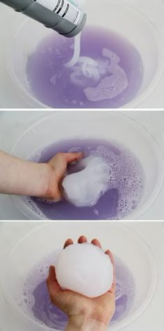 three pictures showing how to wash an object in a bowl with water and soap on it