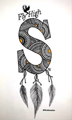 the letter s with feathers on it is drawn in black and white, as well as an