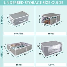 the storage bag size guide is shown with measurements for different items and sizes to choose from