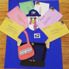 a paper cut out of a mailman holding a bag and some post it notes