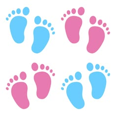 four pairs of footprints with different colors on the bottom one is pink, blue and green