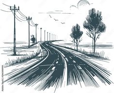 a drawing of an empty road with power lines and trees on both sides, in the distance