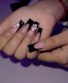 French Tips With Flowers, Nail Nail Designs, Pink French Tips, Black Acrylic Nails, Pink French, French Acrylic Nails, Nail Sets