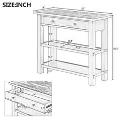 the side table is shown with measurements for each drawer and top section, along with an additional shelf