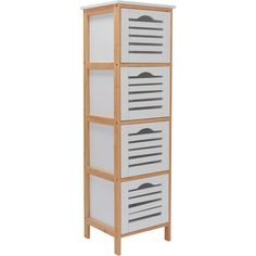 a tall white and wood cabinet with three drawers on each side, against a white background