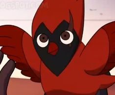 a red bird with big eyes sitting on top of a table