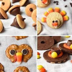 some cookies are decorated like turkeys and other treats