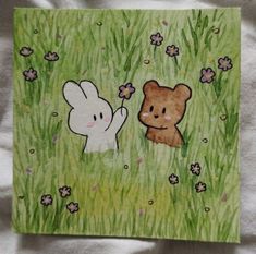 a drawing of two rabbits and a teddy bear in the grass with flowers on it