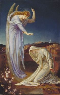 an angel kneeling down next to a woman