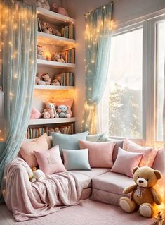 a living room filled with lots of furniture and lights