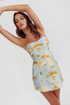 Shop the Marlina Strapless Jacquard Mini Dress Blue | Selfie Leslie Blue Selfie, Senior Hoco, Mini Dress Strapless, Jacquard Mini Dress, Selfie Leslie, Yellow Bridesmaid Dresses, Satin Clutch, Mini Dress Blue, Purple Bridesmaids