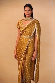 Shop for Esha Koul Yellow Modal Satin Printed Pre-draped Saree Set for Women Online at Aza Fashions Drape Sarees, Stitched Saree, Draped Saree, Corset Blouse, Frill Blouse, Embellished Belt, Embroidered Belt, Drape Saree, Ready To Wear Saree