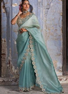 Buy Jade Green Ombre Organza Saree Set by Nitika Gujral at Fabilicious Fashion! Shop made-to-measure Indian wedding wear and jewellery with fast shipping to USA, UK, and Canada.