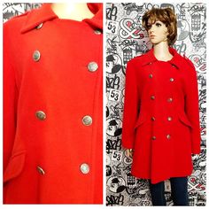 "Christmas Gift Double Breasted coat for women coat midi coat wool coat winter coat Warm coat red Coat Casual Coat retro Coat cozy coat L height of the woman in the photo - 180 cm Made in U.K. 75% WOOL, 25%nylon Lining 100% polyester Please refer to photos for details of condition. Condition: used, signs of age and wear see pictures Measurements: Length: 83 cm/32.7 \" Sleeve : 56 cm/ 22\" Shoulder to shoulder: 45\" /17.7cm Bust: 110 cm/ 43.3 \" Waist 102 cm/ 40.2\" Hips:104 cm/ 40.6 \" Tag Size Red Double-breasted Wool Coat For Winter, Red Single Breasted Pea Coat For Winter, Vintage Winter Pea Coat With Pockets, Red Single-breasted Winter Pea Coat, Red Single-breasted Pea Coat For Winter, Red Wool Coat With Buttons For Winter, Red Single Breasted Wool Coat For Winter, Red Single-breasted Wool Coat For Winter, Retro Single-breasted Winter Outerwear