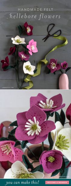 flowers made out of crochet are shown in two different pictures, one is pink and the other is white