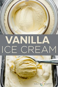 vanilla ice cream in a glass container with a spoon on the side and text overlay that reads vanilla ice cream